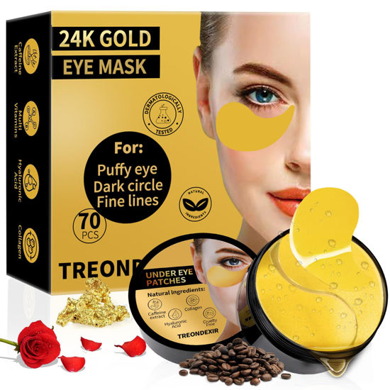 Picture of 24K Gold Eye Masks for Dark Circles and Puffiness 70PCS, Under Eye Patches Gel Pads for Puffy Eyes Treatment w/Collagen, Caffeine, Peptides for Eye Bags Treatment, Gel Eye Mask Skincare