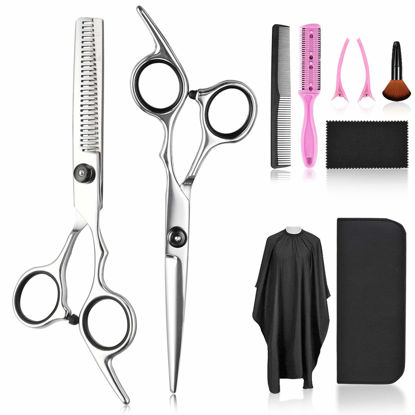 Picture of Hair Cutting Scissors Thinning Shears Set, Fcysy Professional 10 Pcs Sharp Barber Hair Cutting Kit Haircut Scissors Hairdressing Shears with Hair Scissors Accessories in Leather Case for Women Men Pet
