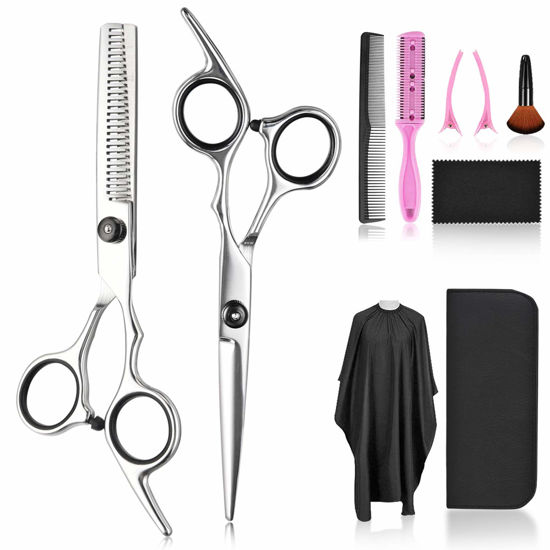 Picture of Hair Cutting Scissors Thinning Shears Set, Fcysy Professional 10 Pcs Sharp Barber Hair Cutting Kit Haircut Scissors Hairdressing Shears with Hair Scissors Accessories in Leather Case for Women Men Pet