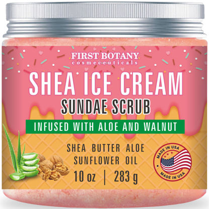 Picture of First Botany Body Scrub - Natural Exfoliating Salt Scrub & Body and Face Souffle helps with Moisturizing Skin, Acne, Cellulite, Dead Skin Scars, Wrinkles (10 fl oz, Shea Icecream)