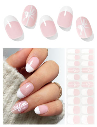 Picture of AutyaMee Semi Cured Gel Nail Strips (French Bow)-20 PCS Gel Nail Stickers | Gel Nail Wraps | UV Light Required, Salon Quality & Easy To Use