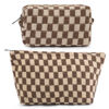 Picture of SOIDRAM 2 Pieces Makeup Bag Large Checkered Cosmetic Bag Capacity Canvas Mix Travel Toiletry Bag Organizer Cute Makeup Brushes Aesthetic Accessories Storage Bag for Women, Checkered Mix Brown