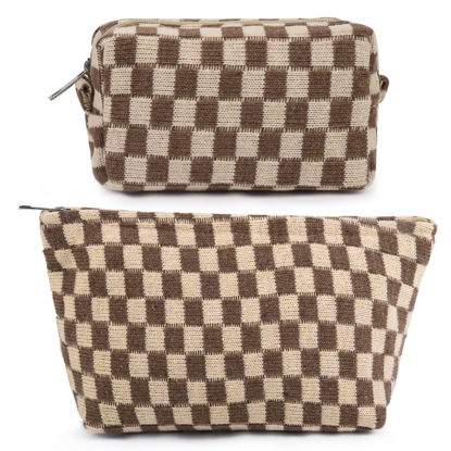 Picture of SOIDRAM 2 Pieces Makeup Bag Large Checkered Cosmetic Bag Capacity Canvas Mix Travel Toiletry Bag Organizer Cute Makeup Brushes Aesthetic Accessories Storage Bag for Women, Checkered Mix Brown