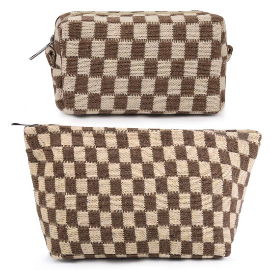 Picture of SOIDRAM 2 Pieces Makeup Bag Large Checkered Cosmetic Bag Capacity Canvas Mix Travel Toiletry Bag Organizer Cute Makeup Brushes Aesthetic Accessories Storage Bag for Women, Checkered Mix Brown