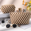 Picture of SOIDRAM 2 Pieces Makeup Bag Large Checkered Cosmetic Bag Capacity Canvas Mix Travel Toiletry Bag Organizer Cute Makeup Brushes Aesthetic Accessories Storage Bag for Women, Checkered Mix Brown