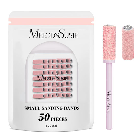 Picture of MelodySusie 50 Pcs Nail Drill Bits Small Sanding Bands with 3.1mm Mandrel Bit, 240 Extreme Fine Grit Nail File for Acrylic Nails Gel Manicures and Pedicure, Pink