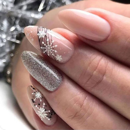 Picture of Christmas Press on Nails Medium Almond Winter Fake Nails Nude Full Cover White Snow False Nails with Designs Sliver Glitter Glossy Glue on Nails Acrylic Manicure Artificial Nails for Women Girls 24Pcs