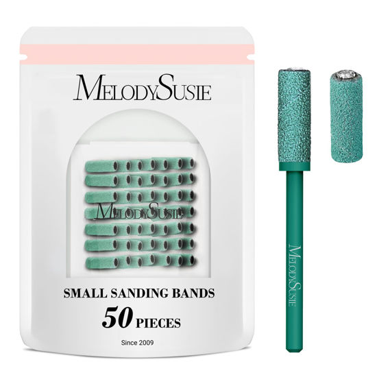 Picture of MelodySusie 50 Pcs Nail Drill Bits Small Sanding Bands with 3.1mm Mandrel Bit, 180 Fine Grit Nail File for Acrylic Nails Gel Manicures and Pedicure, Dark Green