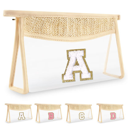 Picture of UIXIZQ Personalized Initial Letter Bag Boho Straw Clear Makeup Bag,Small Cute Chenille Varsity Letter Bag With Zipper,Beach Travel Toiletry Bag,Portable Monogrammed Cosmetic Bag for Women Girls,A