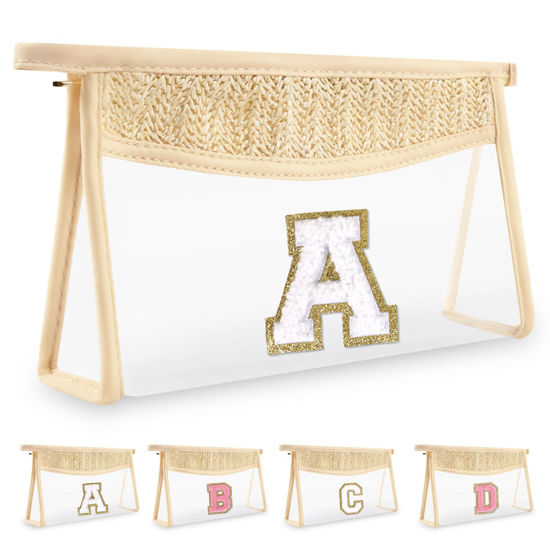 Picture of UIXIZQ Personalized Initial Letter Bag Boho Straw Clear Makeup Bag,Small Cute Chenille Varsity Letter Bag With Zipper,Beach Travel Toiletry Bag,Portable Monogrammed Cosmetic Bag for Women Girls,A