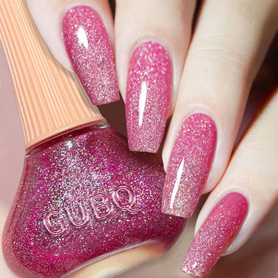 Picture of COSMOO Pink Glitter Nail Polish, 12ml Holographic Shimmer Laser Glitter Quick Dry Nail Lacquer for Nail Art Varnish, 0.41 fl oz
