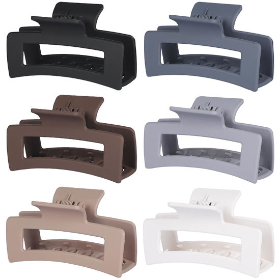 Picture of Sisiaipu 3.5 Inch Medium Hair Claw Clips 6 Pack Hair Clips for Women Square Claw Clips Rectangle Clips for Hair Banana Jaw Clips Hair Accessories for Girls -Brown Grey