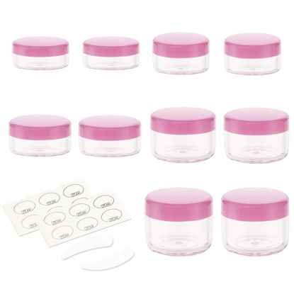 Picture of ZEJIA 10pcs Small Travel Containers, Pink Sample Containers with Screw Lids, 5 Size 3/5/10/15/20 Gram Sample Jars with 12pcs Labels and 2pcs Mini Disposable Spatula, Makeup Sample Containers BPA Free