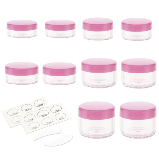Picture of ZEJIA 10pcs Small Travel Containers, Pink Sample Containers with Screw Lids, 5 Size 3/5/10/15/20 Gram Sample Jars with 12pcs Labels and 2pcs Mini Disposable Spatula, Makeup Sample Containers BPA Free