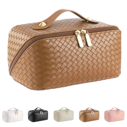 Picture of ALEXTINA Large Capacity Travel Cosmetic Bag - PU Leather Makeup Organizer Bag Portable Woven Makeup Bags for Women Waterproof Travel Toiletry Bag with Divider Pouch, Brown