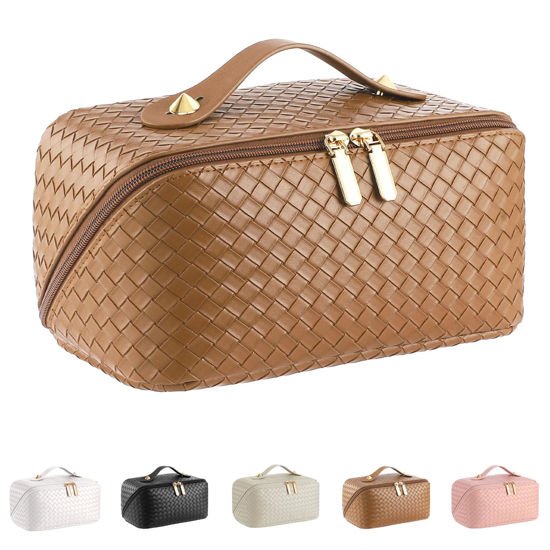 Picture of ALEXTINA Large Capacity Travel Cosmetic Bag - PU Leather Makeup Organizer Bag Portable Woven Makeup Bags for Women Waterproof Travel Toiletry Bag with Divider Pouch, Brown