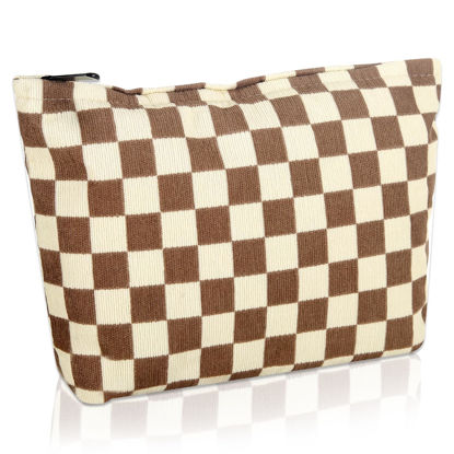 Picture of Wudimeitt Cosmetic bag Makeup bag Preppy Cute Corduroy Toiletry bag for women travel essentials (Plaid khaki)