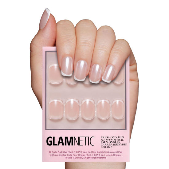 Picture of Glamnetic Press On Nails - La Perle | Squoval White Nails with French Tips, Reusable Stick On Fake Nails with Glue | Salon Quality | 15 Sizes - 30 Nail Kit