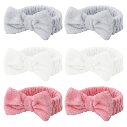 Picture of Casoty 6 Pcs Make Up Headbands, Bow Hair Band, Soft Coral Fleece Facial Headband, Spa Headband for Washing Face, Towel Headband for Face Washing Shower Skin Care Yoga