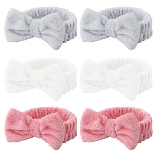 Picture of Casoty 6 Pcs Make Up Headbands, Bow Hair Band, Soft Coral Fleece Facial Headband, Spa Headband for Washing Face, Towel Headband for Face Washing Shower Skin Care Yoga