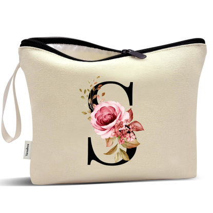 Picture of Vavabox A-Z Personalized Makeup Bag,Birthday Gifts for Women Mom,Gifts for Best Friend,Bride Bridesmaid Cosmetic bag (S, Cream)