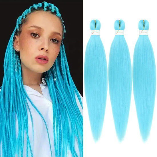 Picture of Dorsanee Light Blue Braiding Hair Pre Stretched 24 Inch 3 Packs Braiding Hair Extensions for Box Braids Twists Locs Hair Soft Yaki Texture Hot Water Setting (#Light Blue)