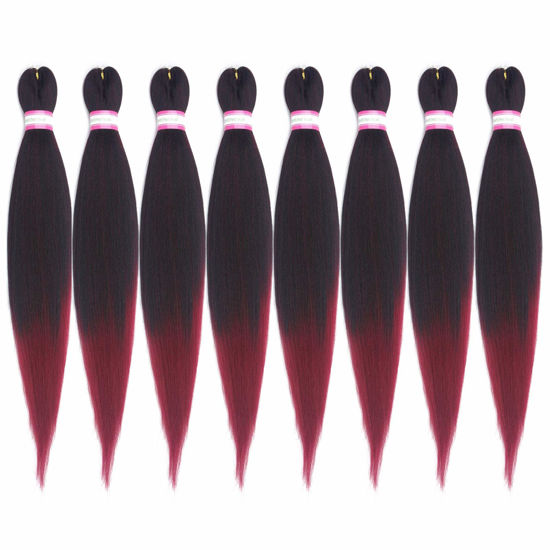 Picture of Dorsanee Ombre Burgundy Braiding Hair Pre Stretched 28 Inch 8 Packs Braiding Hair Extensions for Crochet Box Braids Twists Locs Hair Itch Free Soft Yaki Texture Hot Water Setting (28inch,#1B/Bug)