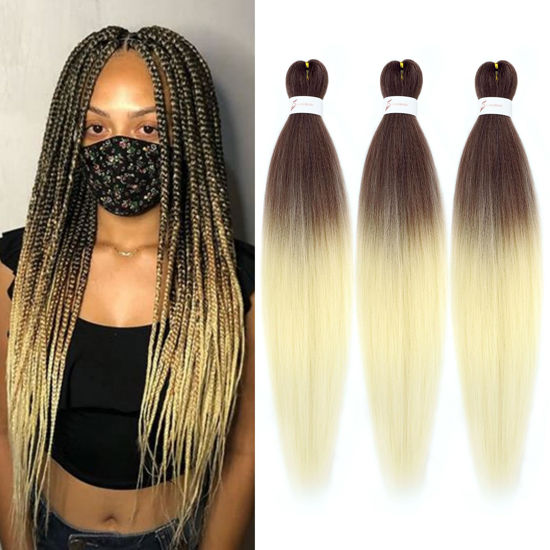 Picture of Dorsanee Chocolate Brown/Blonde Braiding Hair Pre Stretched 24 Inch 3 Packs Braiding Hair for Box Braids Twists Locs Hair Soft Yaki Texture Hot Water Setting (#Chocolate Brown/Blonde)