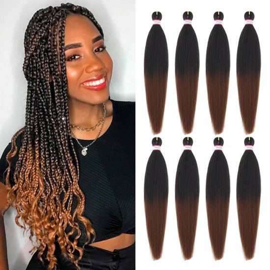 Picture of Dorsanee Braiding Hair Pre Stretched 22 Inch 8 Packs Ombre Brown Braiding Hair Extensions for Crochet Box Braids Twists Locs Hair Soft Yaki Texture Hot Water Setting (22inch,#1B/30)