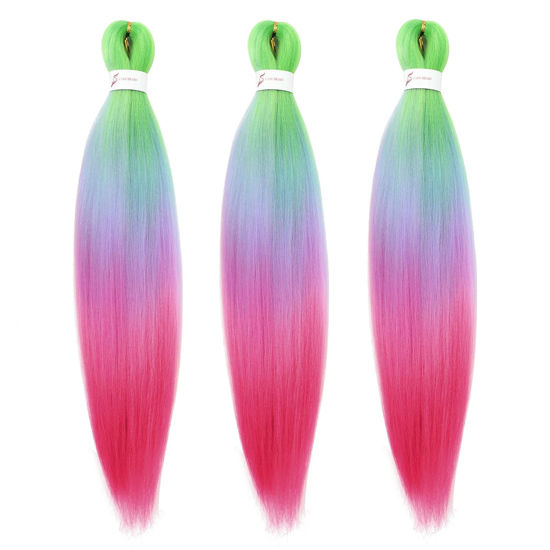 Picture of Dorsanee 3 Tone Braiding Hair Pre Stretched 24 Inch 3 Packs Braiding Hair Extensions for Box Braids Twists Locs Hair Soft Yaki Texture Hot Water Setting (#Light Green/Light Purple/Pink)