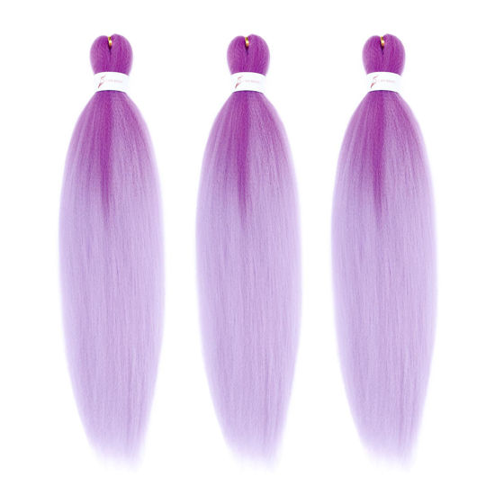 Picture of Dorsanee Ombre Purple Braiding Hair Pre Stretched 24 Inch 3 Packs Purple to Light Purple Braiding Hair for Box Braids Twists Locs Soft Yaki Texture Hot Water Setting (#Purple/Light Purple)