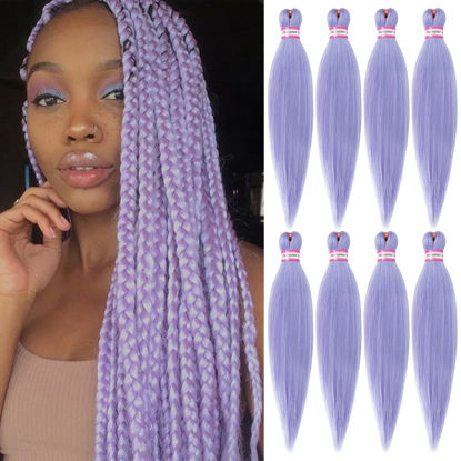 Picture of Light Purple Braiding Hair Pre Stretched 20 Inch 8 Packs Braiding Hair Extensions for Crochet Box Braids Twists Locs Hair Soft Yaki Texture Hot Water Setting (20inch,#Light Purple)