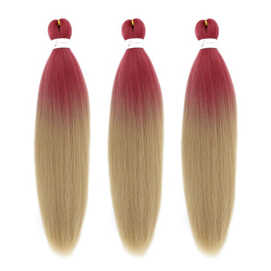 Picture of Dorsanee Rose Red/Light Brown Braiding Hair Pre Stretched 24 Inch 3 Packs Braiding Hair Extensions for Box Braids Twists Locs Hair Soft Yaki Texture Hot Water Setting (#Rose Red/Light Brown)