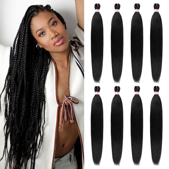 Picture of Pre Stretched Braiding Hair 8 Packs 30 Inch Long Professional Hair for Braiding Easy to Twist Crochet Braids Hot Water Setting Yaki Straight Synthetic Hair Extensions (#1B)