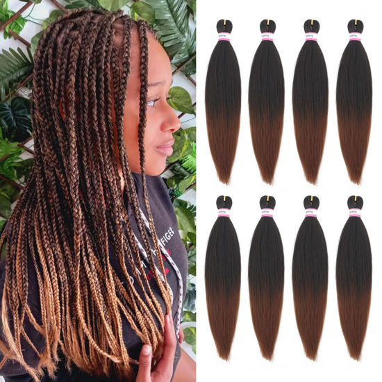 Picture of Dorsanee Braiding Hair Pre Stretched 18 Inch 8 Packs Ombre Brown Braiding Hair Extensions for Crochet Box Braids Twists Locs Hair Soft Yaki Texture Hot Water Setting (18inch,#1B/30)