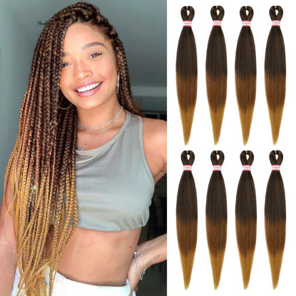 Picture of Pre-stretched Braiding Hair 8 Packs 24 Inch Black to Brown Ombre Braiding Hair Natural Easy Twist Crochet Braids Hot Water Setting Professional Soft Yaki Straight Synthetic Hair Extension (#1B/30/27)