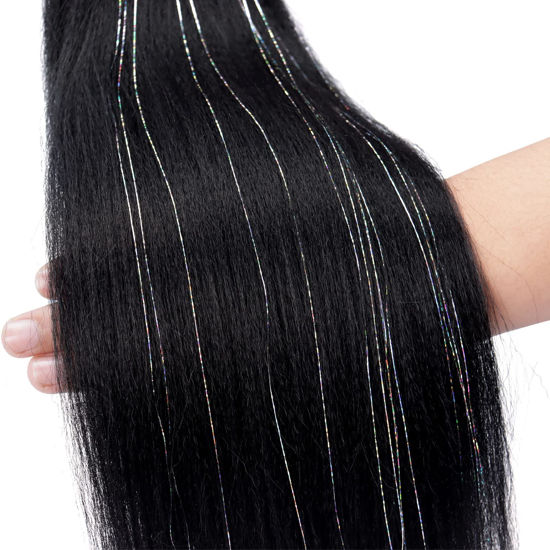 Picture of Pre Stretched Braiding Hair 8 Packs 20 Inch with Tinsel Hair Long Professional Hair for Crochet Twist Braids Itch Free Hot Water Setting Yaki Straight Synthetic Hair Extensions (#1B-Tinsel)