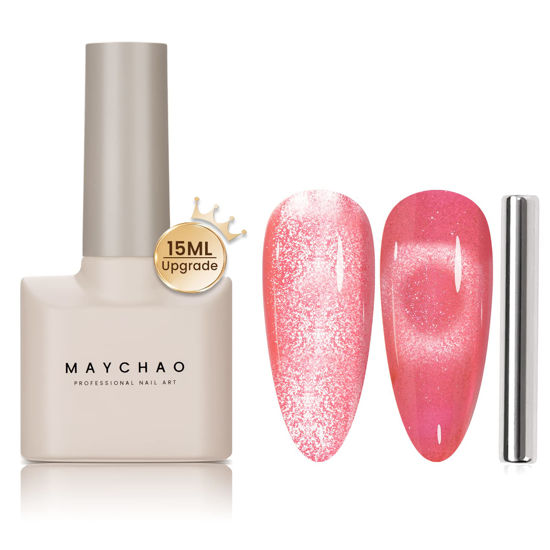 Picture of MAYCHAO 15ML Cat Eye Gel Nail Polish 1Pc Candy Pink Gel Polish with Magnet Soak off Holographic Magnetic Nail Polish for Nail Art Manicure Salon DIY at Home, 0.5 OZ