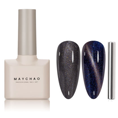 Picture of MAYCHAO 15ML Galaxy Cat Eye Gel Nail Polish 1Pc Dark Blue Shimmer Gel Polish with Magnet Soak off Holographic Magnetic Nail Polish for Nail Art Manicure Salon DIY at Home, 0.5 OZ