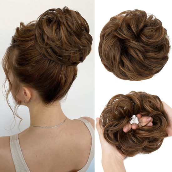 Picture of CJL HAIR Large Messy Bun Hair Piece Wavy Curly Scrunchies Synthetic Chignon Ponytail Hair Extensions Thick Updo Hairpieces for Women Chocolate
