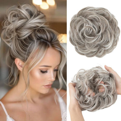 Picture of CJL HAIR Large Messy Bun Hair Piece Wavy Curly Scrunchies Synthetic Chignon Ponytail Hair Extensions Thick Updo Hairpieces for Women Polar Silver