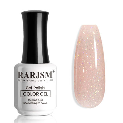 Picture of RARJSM Nude Glitter Nail Gel Polish Sheer Pink Jelly Shimmery Iridescent Sparkly Pink Holographic Pigments Translucent Natural Skin Tone Color Gel 15ml Soak off UV LED Cured Home Salon