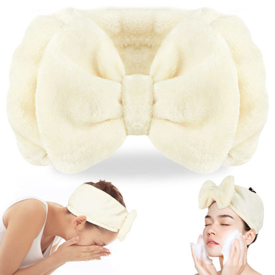 Picture of Shintop Spa Headband Soft Carol Fleece Makeup Headband with Cute Bow Elastic Hairand for Washing Face Skincare Facial Mask Bath Gift（Creamy White）
