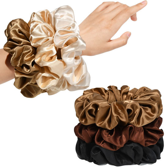 Picture of CEELGON Large Silk Satin Scrunchies for Women Big Scrunchies Jumbo Satin Hair Ties Oversized Hair Scrunchies for Thick Curly Hair Pack of 6 (Black,Champagne,Brown,Gold)