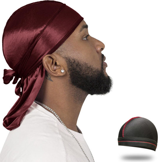 Picture of ForceWave Silky Durag for Men Wave Cap Satin Dorag for Men Women 360 Wave (Burgundy)