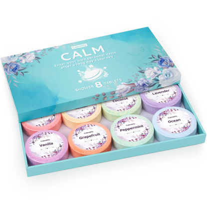 Picture of CalmNFiz Shower Steamers 8 Pack Set Shower Bombs Tablets in Box with 8 Fragrances with Shea Butter for Self-Care & Relaxation, Idea for Women and Men