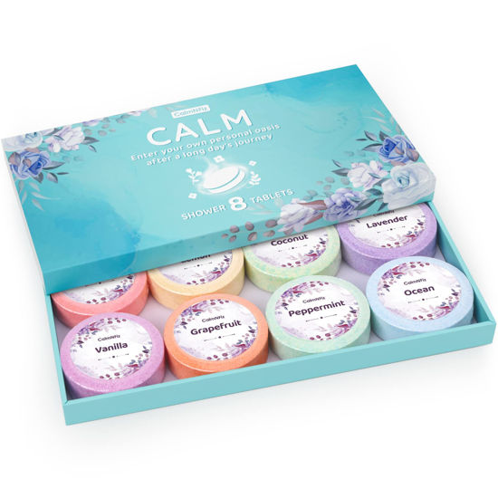 Picture of CalmNFiz Shower Steamers 8 Pack Set Shower Bombs Tablets in Box with 8 Fragrances with Shea Butter for Self-Care & Relaxation, Idea for Women and Men