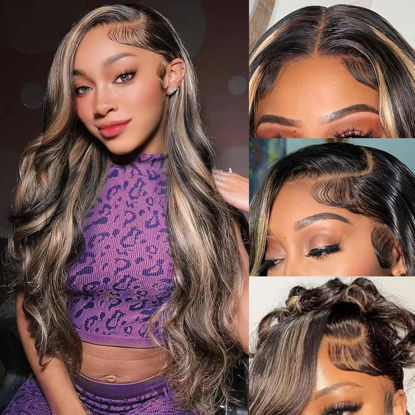 Picture of Avolo Ombre Lace Front Wig Human Hair Pre Plucked 1B/27 13x4 Body Wave Highlight Lace Front Wig Human Hair Colored Human Hair Wigs Glueless Wig 180% Density Frontal Wigs Human Hair 28 Inch
