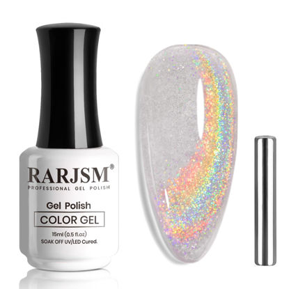 Picture of RARJSM Holographic Rainbow Cat Eye Gel Nail Polish with Magnet Stick Clear Silver Iridescent Glitter Sparkle 9D Cat Eye Gel Polish Soak off UV LED Curing Requires Soak Off Home Salon Diy Nail Art
