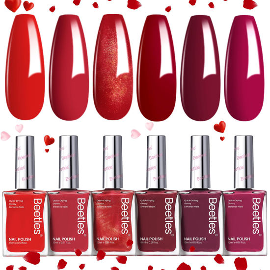 Picture of Beetles Red Nail Polish Set Blazing Rose, 6 Colors Dark Red Burgundy Nail Polish Glossy 15ml Enhance Nails Quick Dry Fingernail Polish for Nail Art Manicure DIY at Home Valentine's Day Gifts For Women